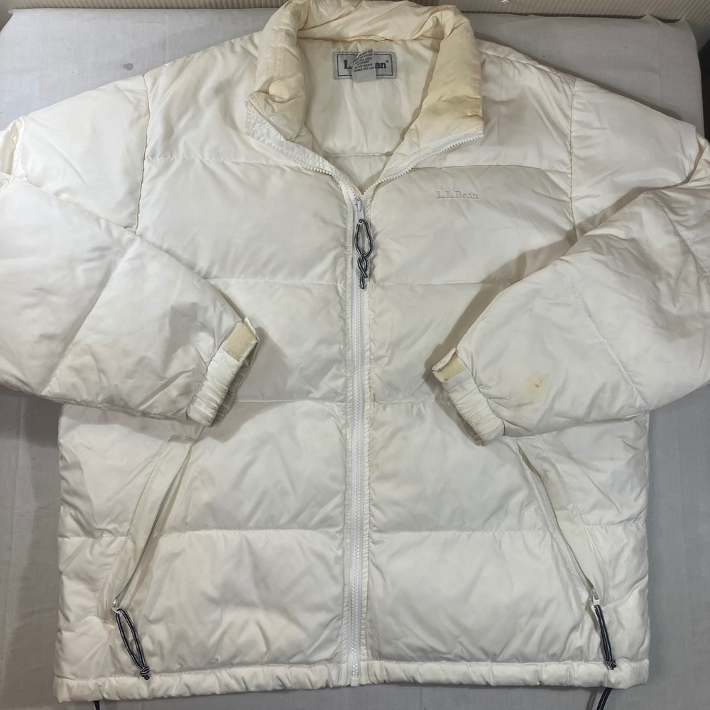 LL Bean White Goose Down Puffer Jacket Womens Large OP280 Vintage Full Zip